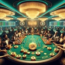 Meja casino dengan dealer live dan pemain berinteraksi secara virtual